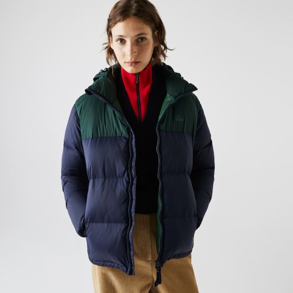 Lacoste Stand-Up Collar Concealed Hood Colourblock Short Jacket - Bunda Dámské Tmavě Blankyt Blankyt